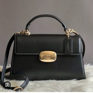 Coach Black Leather Eliza Top-Handle Satchel with Gold Accent